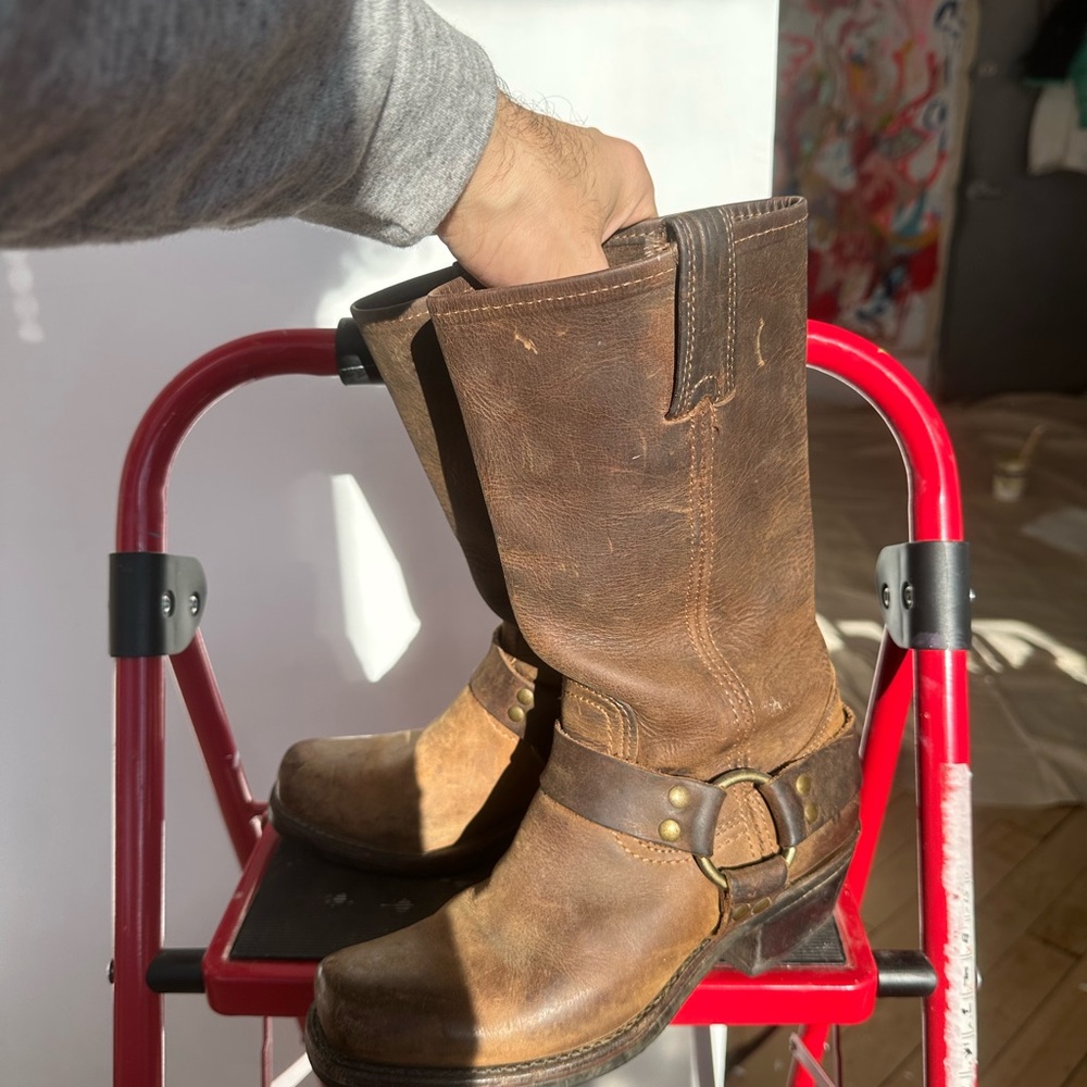 Frye Brown Cowboy & Western Boots with Leather Material and Decorative Strap